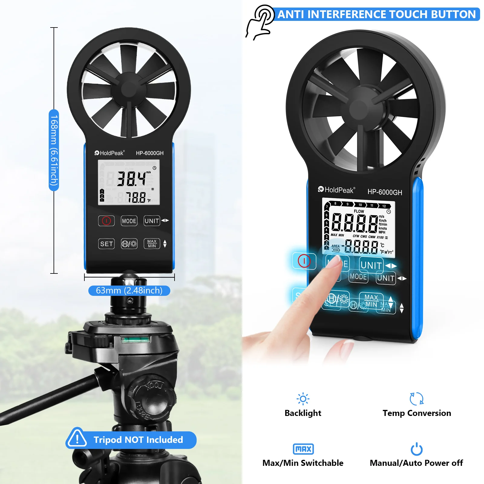 HoldPeak HP-6000GH Handheld HVAC Anemometer, CFM Wind Speed Meter Air Flow Gauge Measuring Device with Waterproof Touch Button