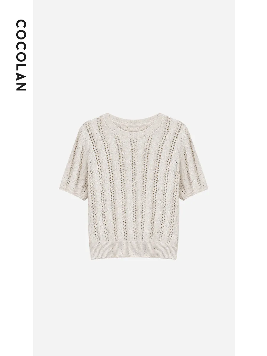 

LAN【Floral】Новая женская трикотажная футболка с коротким рукавом 2026 года, из смесового льна, с ажурным дизайном, повседневная, стандартный крой, цветная