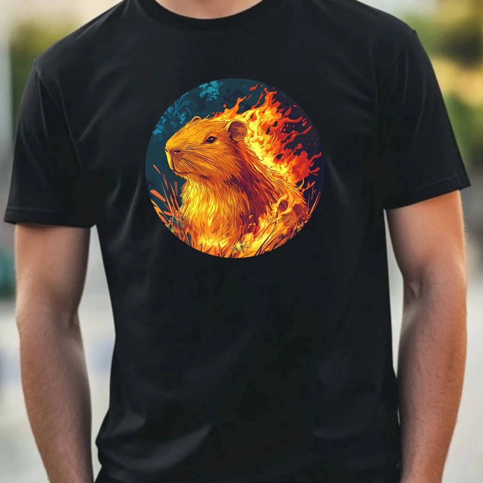 Herren-T-Shirt aus Baumwolle mit Capybara On Fire-Motiv, Größe XS bis 5XL