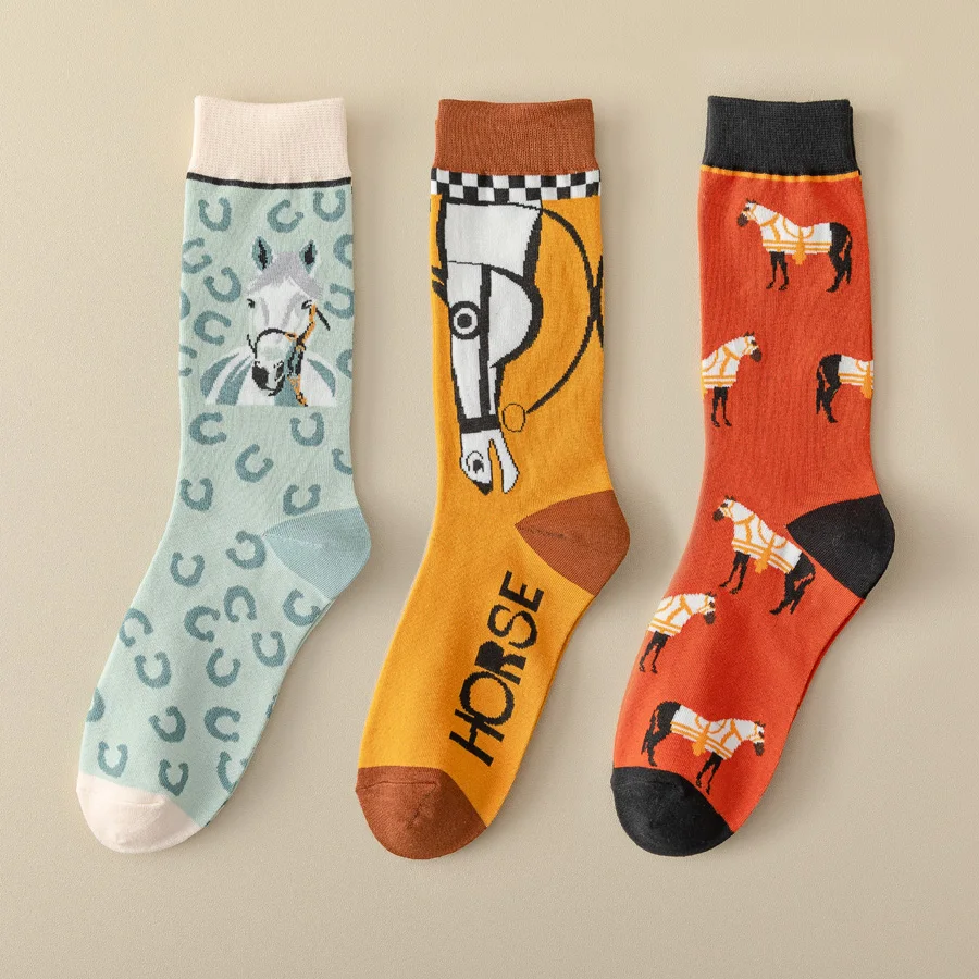 3 Pairs Women's Medium Length Fashionable Trendy Sock Animal Horse Patterns Men's Soft Comfortable Cotton Socks Couple Socks