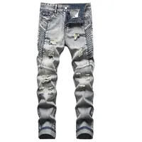 New Men's Nostalgic Ripped Jeans Embroidered Straight-leg Slim Fit Male Casual Colorblock Denim Trousers  Men's Pants