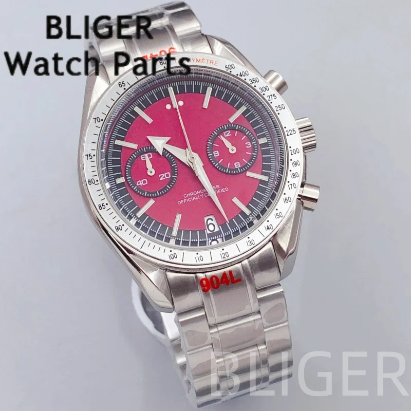 BLIGER 40MM VK64 Quartz Watch Men's Moon Chronograph Watches Burgundy Red Dial Luminous Coated Glass 5Bar Diving Reloj Hombre