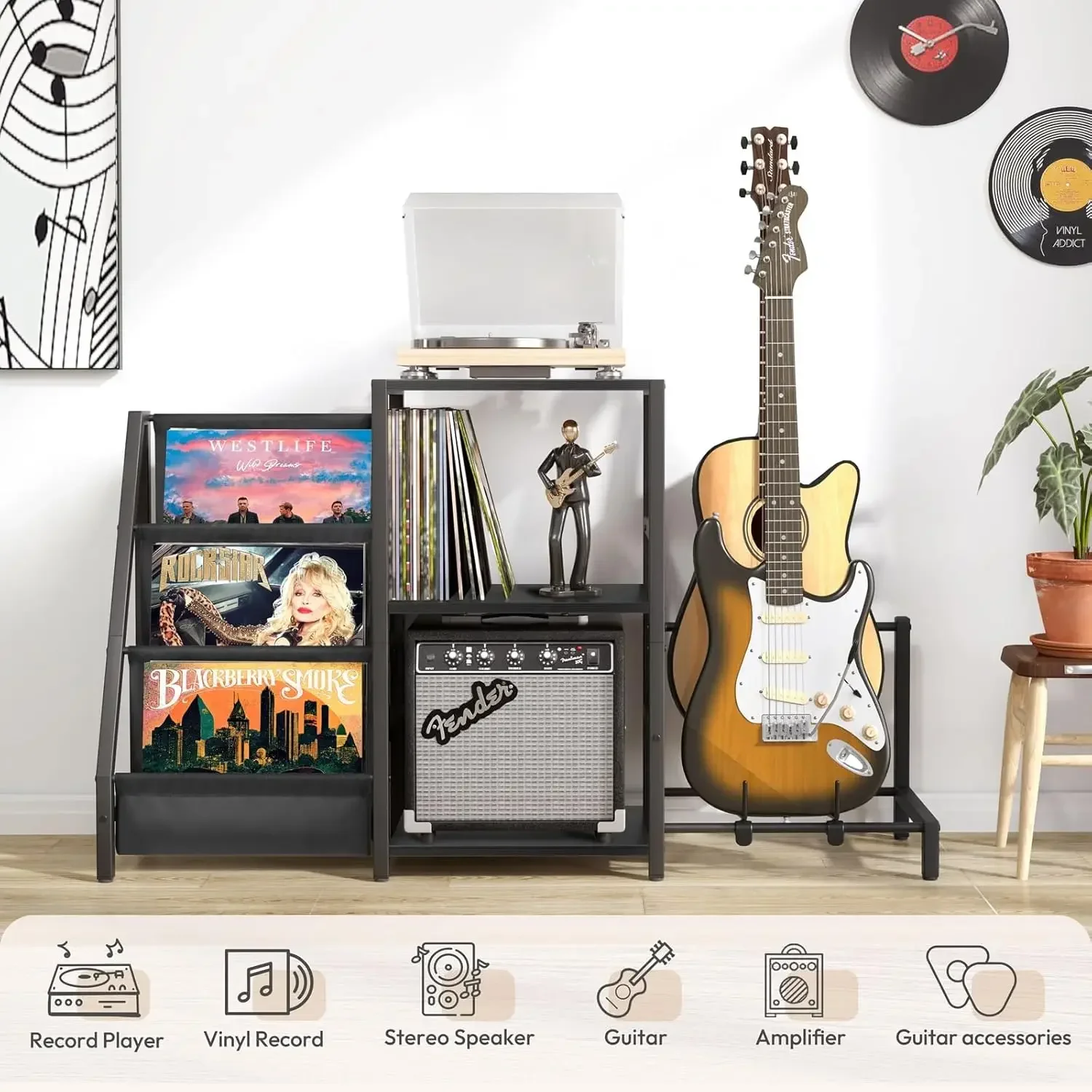 Mid Century Modern Record Player Stand, Guitar Stand for Acoustic, Electric Guitar, Bass with Amp Stand, 3-Tier Vinyl Record Sto