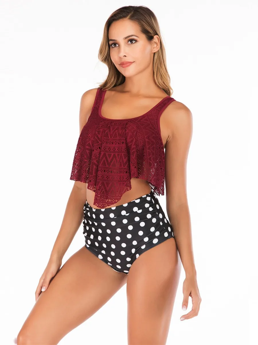 ARuffle Mesh-Bikini-Set, hoch taillierter Badeanzug mit tiefem Rücken, süße und sexy zweiteilige bauchfreie Weste, Tops, sexy Höschen, Anzug, Urlaub, Ropa