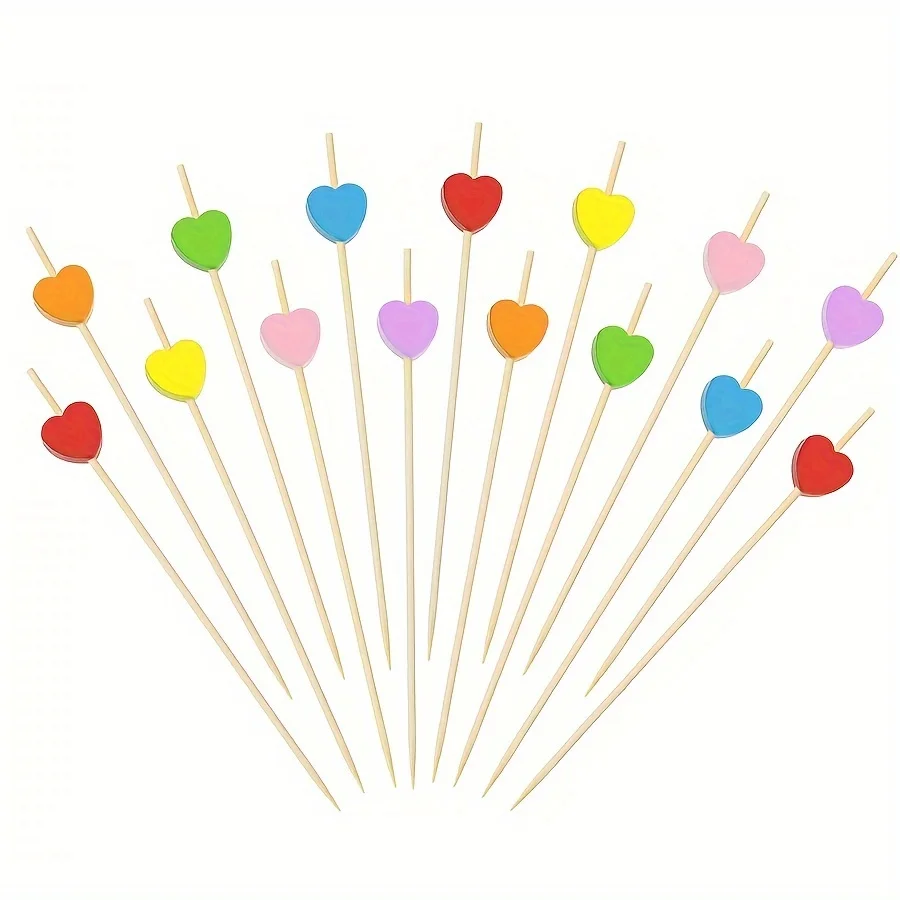 100pcs Bamboo Toothpicks Plastic Heart Shape Cocktail Picks for Appetizers Tea Party Bridal Wedding Valentines Food Fruit Drinks