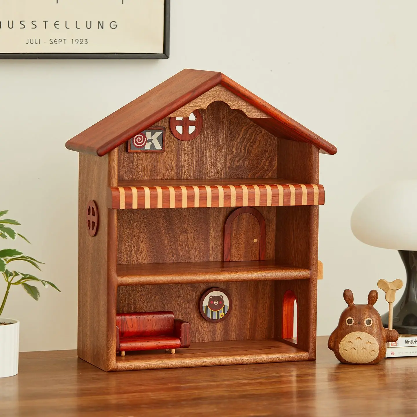 Vintage Solid Wood Dollhouse Display Cabinet, Multi-Level Storage Shelf for Mini Figures, Toys & Collectibles, Home Decor