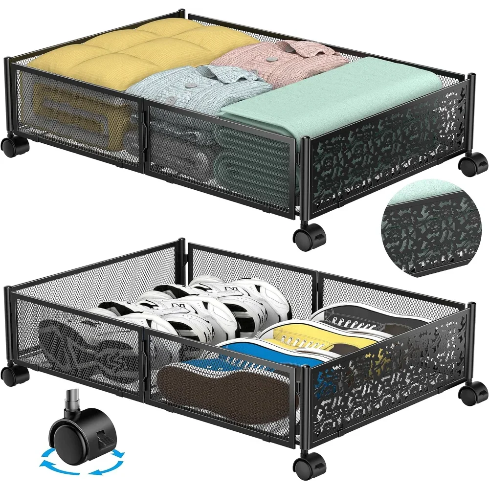 

2 Pack Metal Under Bed Storage with Wheels, Foldable Underbed Shoe Storage Organizer Containers