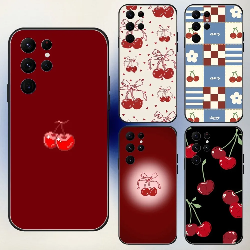 

Cute Red Cherry Phone Case For Samsung S24,23,22,30,21,10,9,Ultra,Plus,Lite,FE,5G Black Soft Case