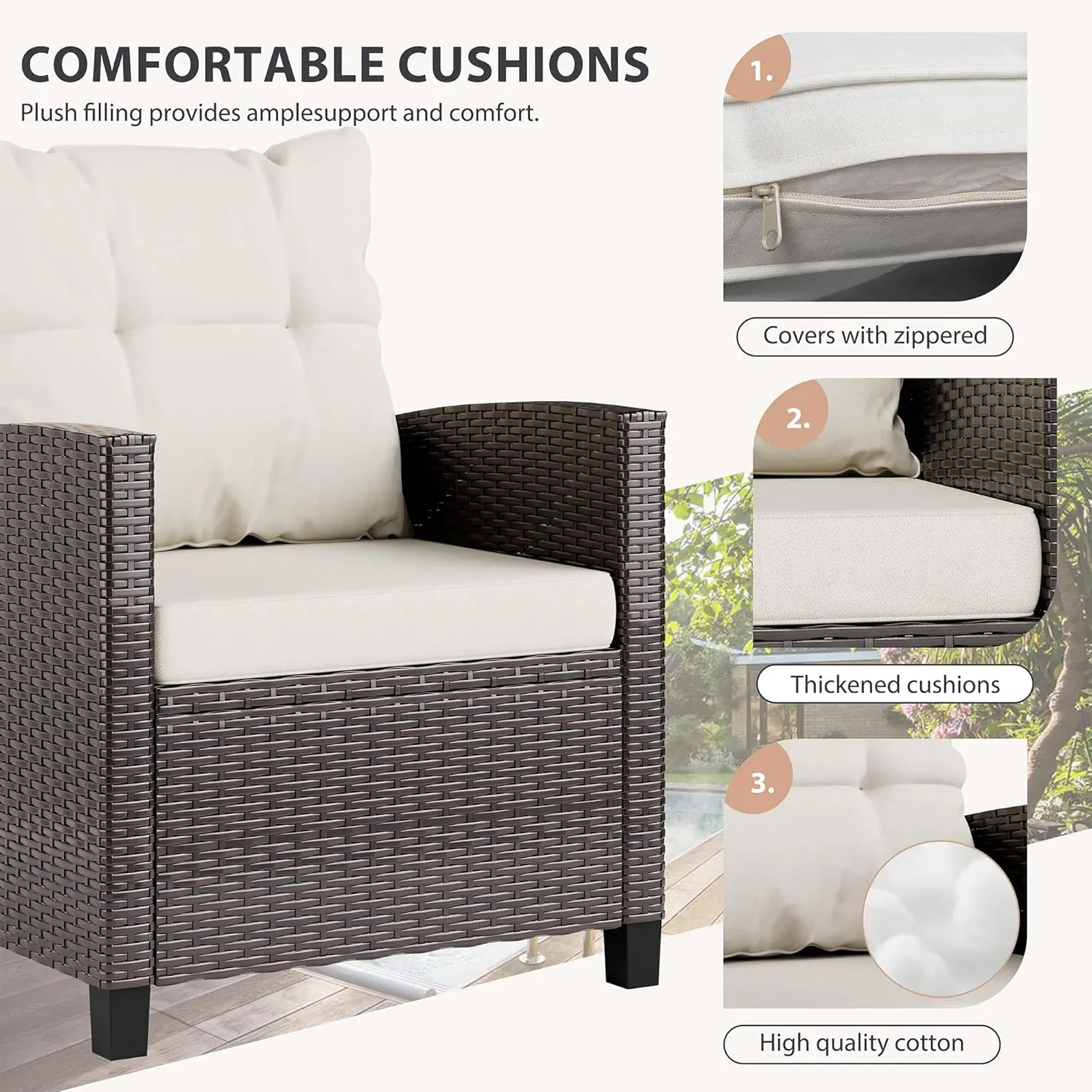 Beige compact 3-piece rattan wicker front porch bistro set with cushioned chairs and glass tabletop, lightweight outdoor furniture for lawn, garden, backyard, balcony and poolside view 4