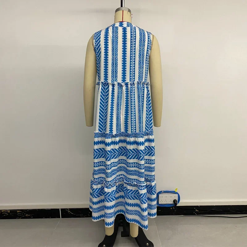 Abito Boho con volant e stampa geografica, collo dentellato da donna, senza maniche, per le vacanze al mare, con bottoni, abiti lunghi estivi con altalena