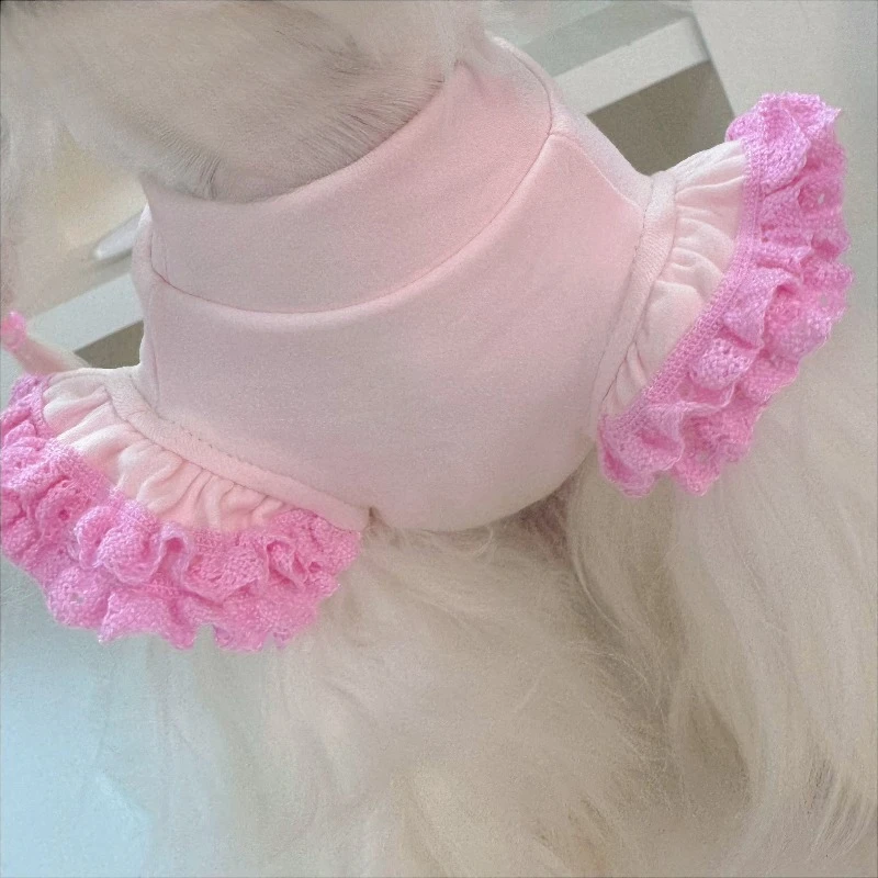 Pink Cotton Fly Sleeve Dog Top Ruffle Lace Trim Sweet Cute Pet Pullover Shirt Soft Breathable Spring Daily Clothes for Dogs