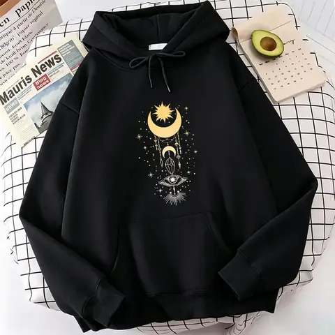 Vintage Star with Moon Print Hoodies Spring Autumn Winter Casual Hoodies Sweatshirts Men Women Hoodie Sweatshirt  Y2k Clothes