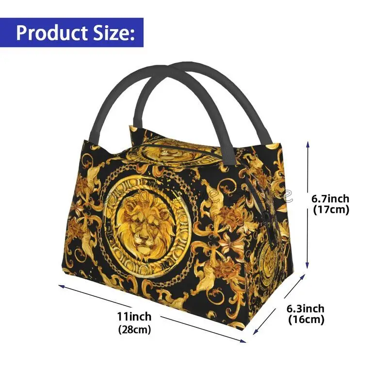 Golden Lion Baroque Print Thermal Lunch Bag Women Portable Insulated Cooler Bag for Picnic Work Reusable Waterproof Lunch Box