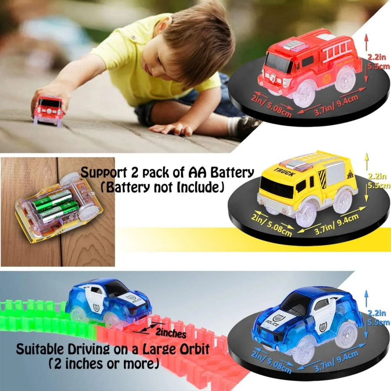 Track Cars Only Replacement Light Up Toy Cars with Flashing Lights for Tracks Glow in the Dark Flex Race Car Track Accessories