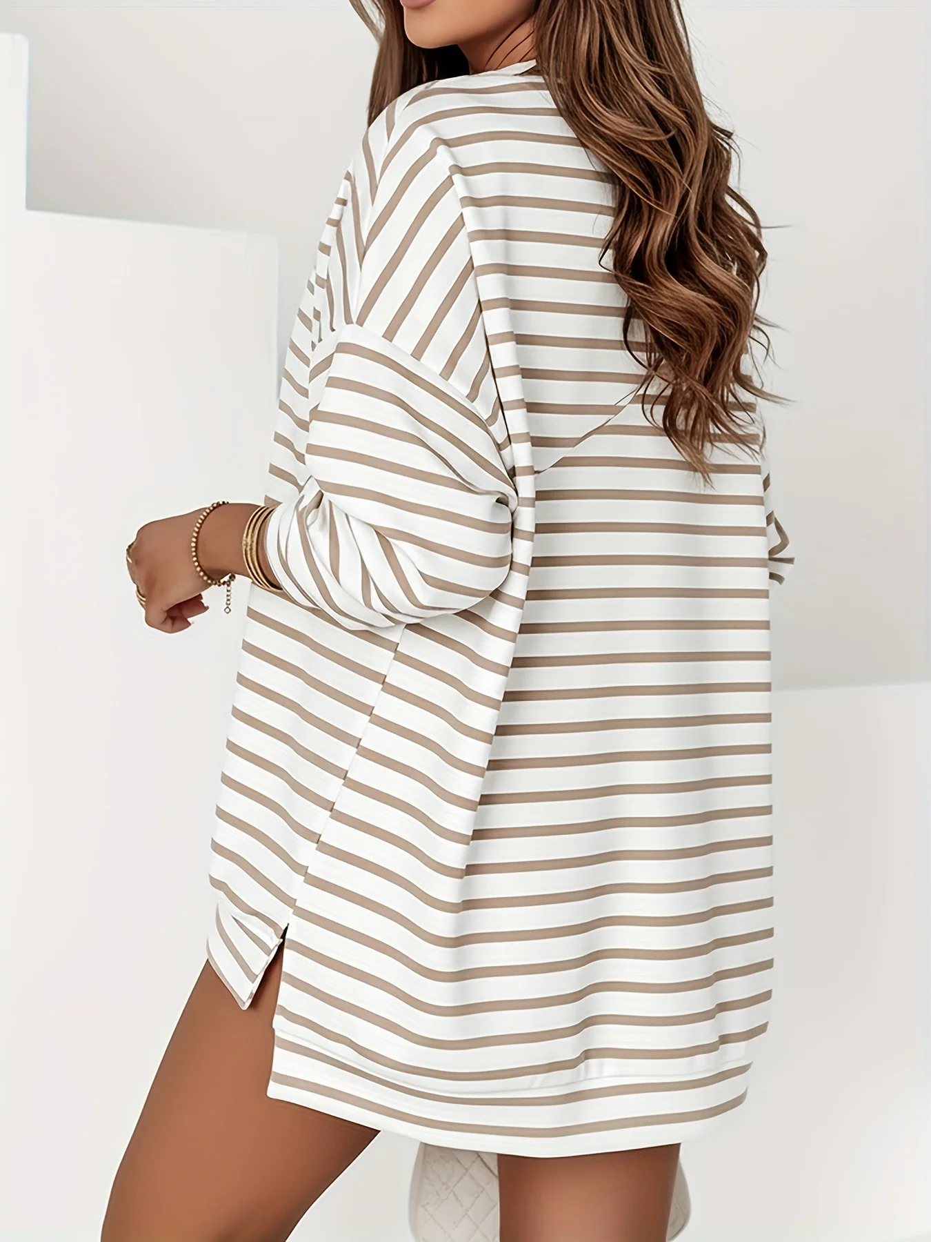 Plus Size feminino listrado oversized casual manga comprida túnica top confortável tecido macio