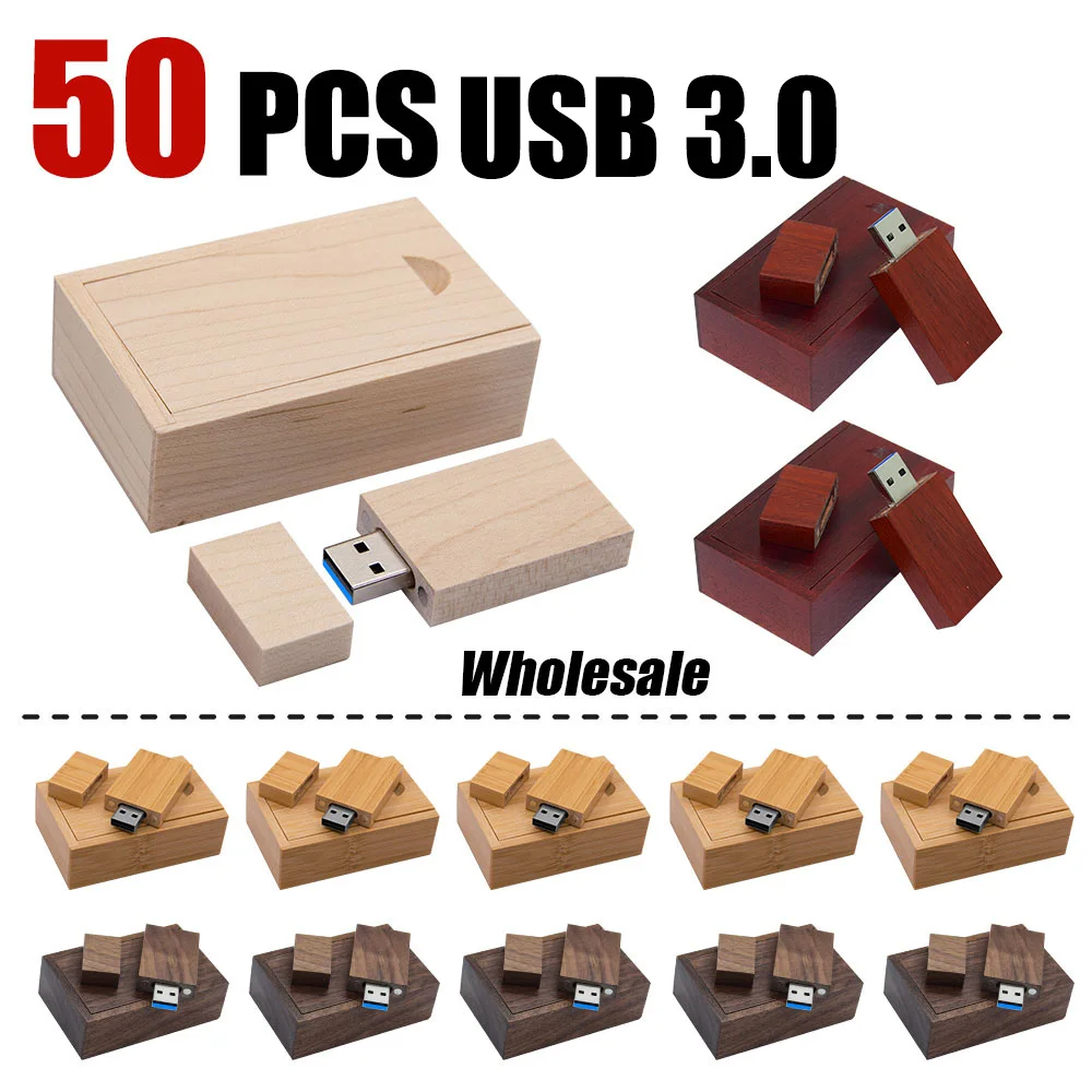 50pcs/lot Flash Drive Usb 3.0 Wooden + Box Pen Drive 8GB 16GB 32GB 64GB High speed U Disk Free Logo for Photography Wedding Gift