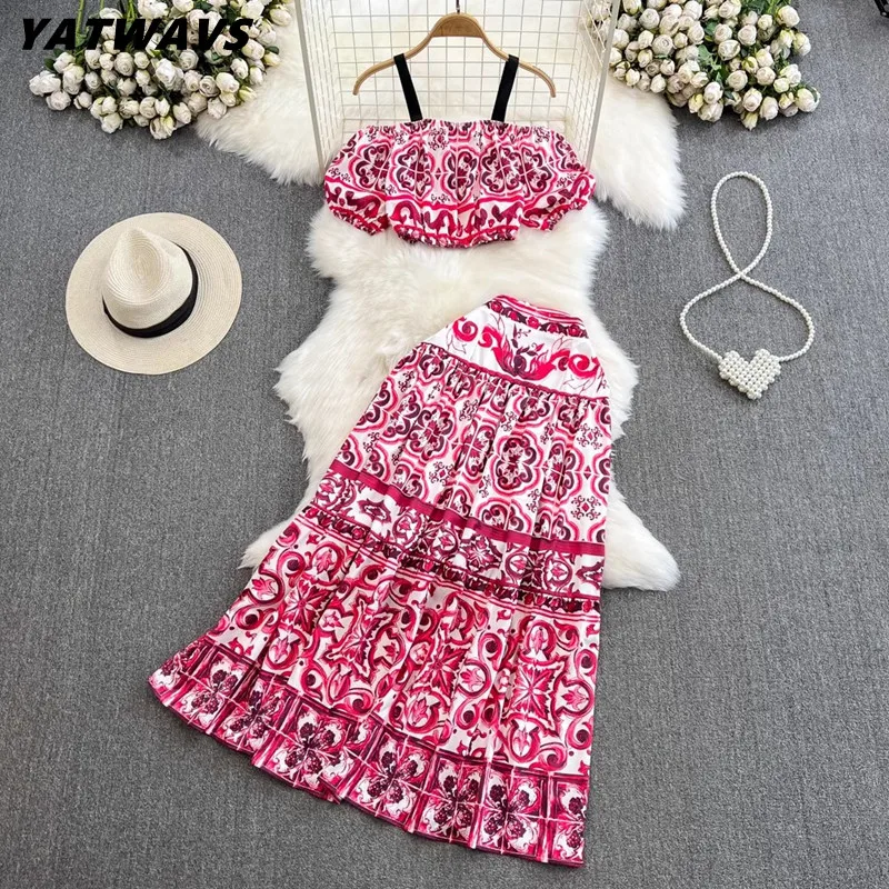 

High Quality Print Skirt Two Piece Set For Women Fashion Sexy Slash Neck Short Tops+Chic High Waist Maxi Skirts Suit Summer Sets