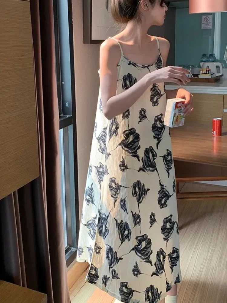 Dress Women Floral French Style Sleeveless All-match Vintage Elegant Mid-calf Summer Romantic Loose Holiday Chic Spaghetti Strap