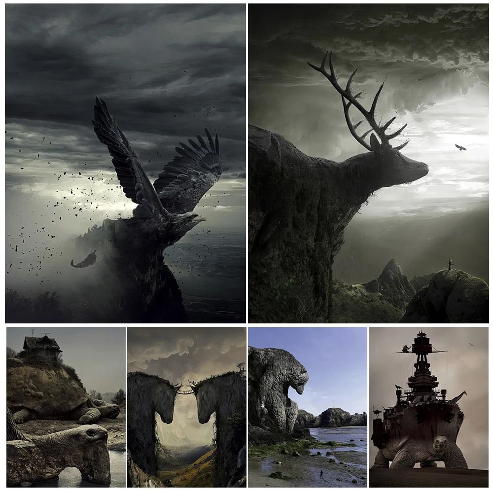 Turtle,Eagle,Giant Bear,Elephant Mountain Surreal Fantasy Wall Art Canvas Painting Mysterious Animal And Nation Art Poster Print