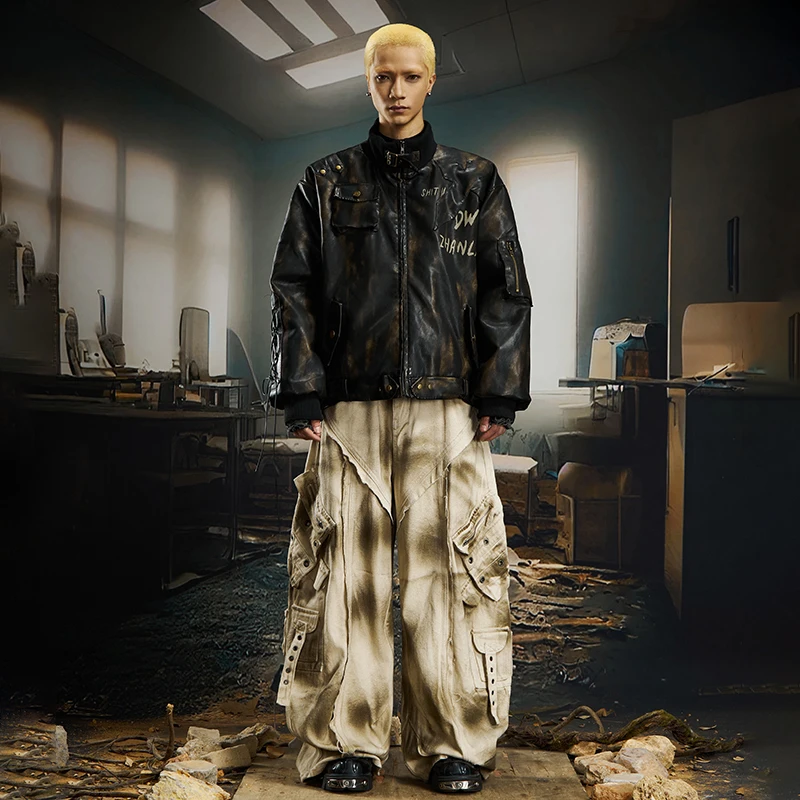 LUZHEN الأصلي خمر نمط التعادل مصبوغ جيوب تزيين الدراجات النارية سترة جلدية الرجال 2025 الشتاء الدافئة مبطن الملابس JY4958 #5