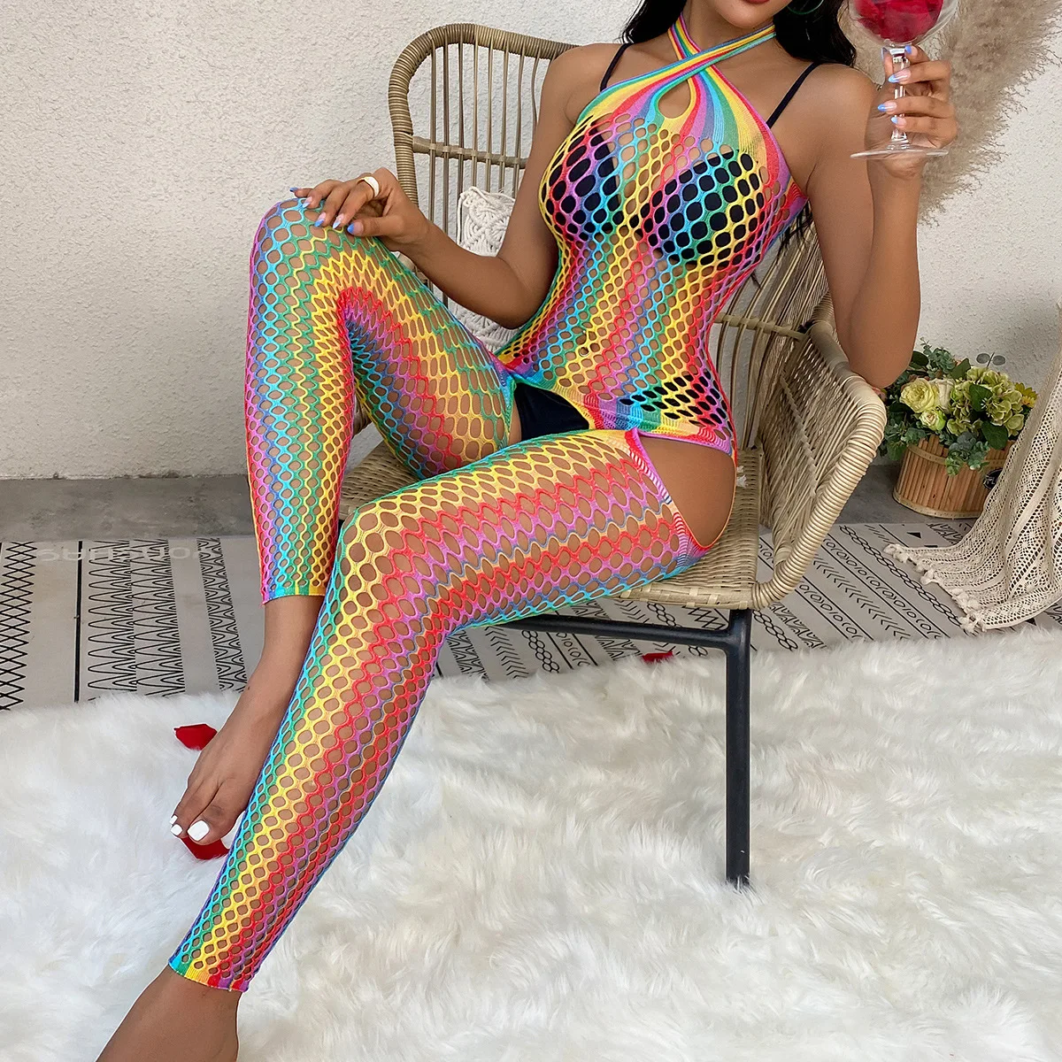 Sexy Rainbow Fishnet Bodysuit Hollow Out Halter Open Crotch Babydoll Women\'s Sexy Lingerie Underwear