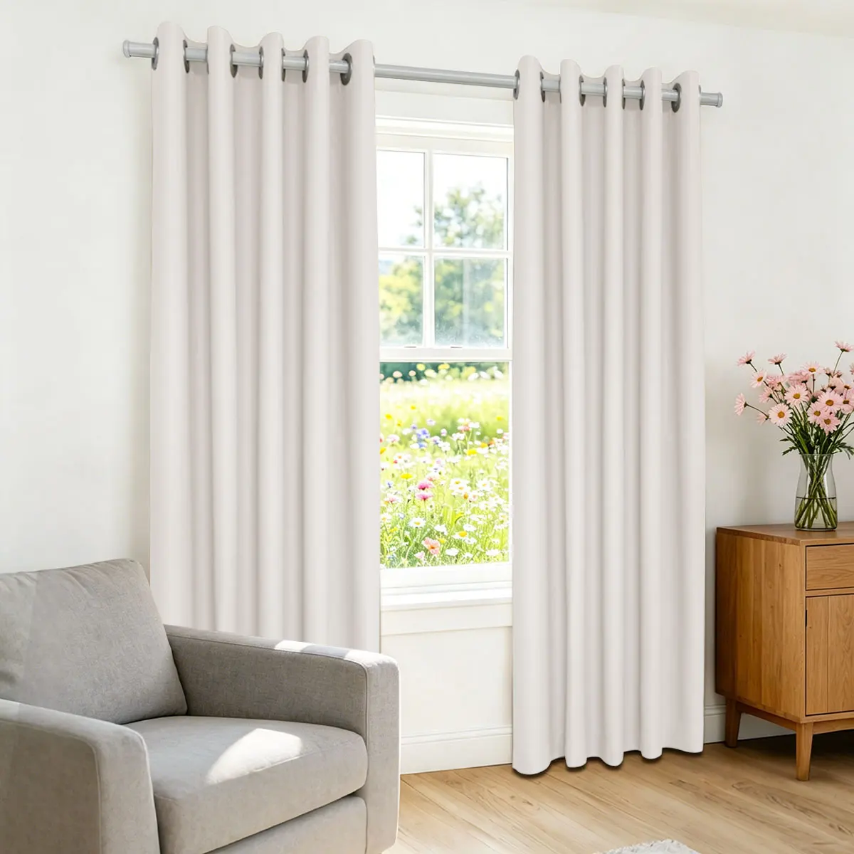 Pure White High‑Density Blackout Curtains, Grommet Top Light Blocking Window Drapes for Bedroom Living Room, 2 Panels