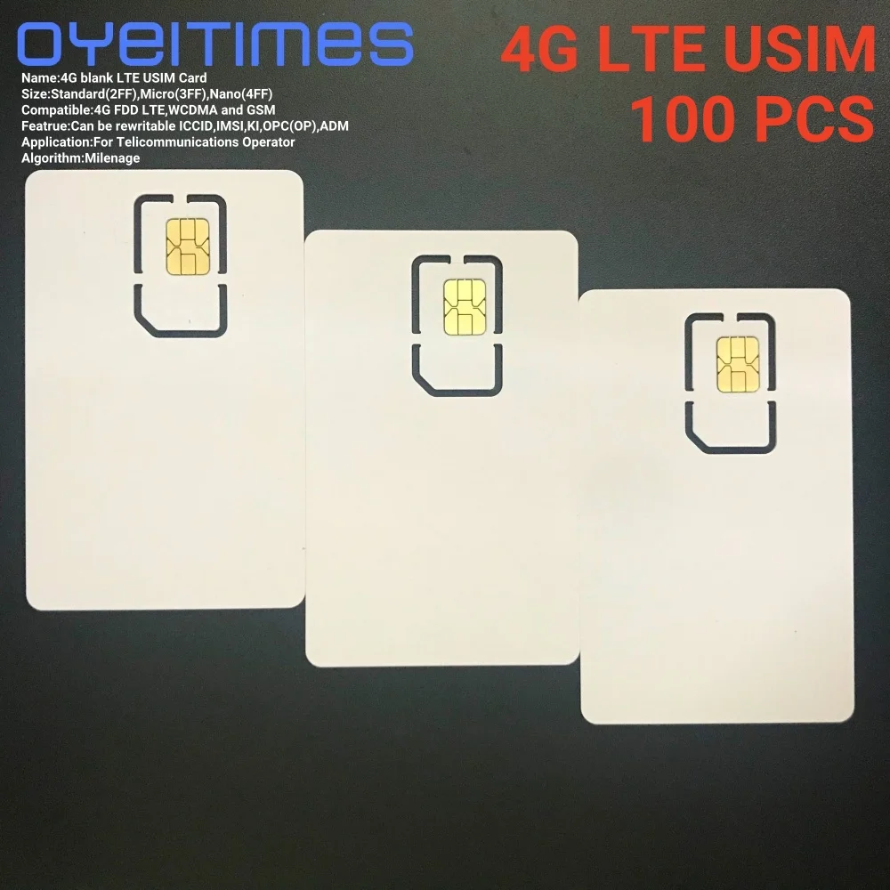 100 قطعة/الوحدة بطاقة SIM USIM فارغة قابلة للكتابة 4G LTE WCDMA GSM بطاقة SIM صغيرة مع حجم نانو صغير 2FF 3FF 4FF 3 في 1