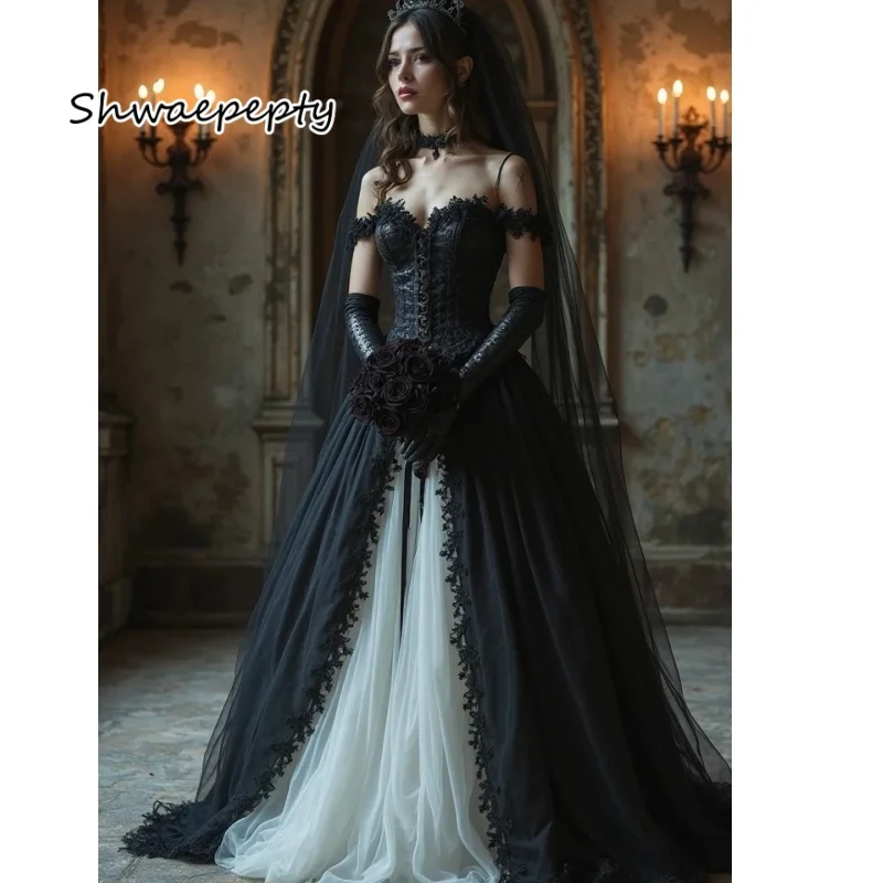 

Black And White Gothic Wedding Dress 2025 Customized Vampire Princess Bridal Gown Lace-Up Corset Princess vestido