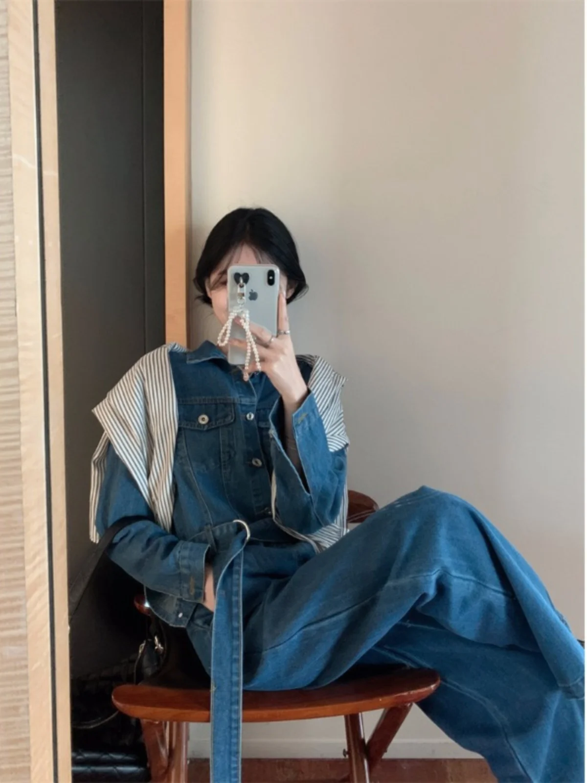 Dark Blue Retro Fashion Jumpsuit Women Autumn 2024 New High Waist Loose Slimming Denim Polo Collar Trousers