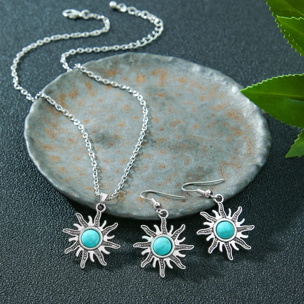 Vintage Bohemian Imitation Turquoise Earrings Necklaces Set for Women Classic Flower Round Water Drop Silver Color Jewelry