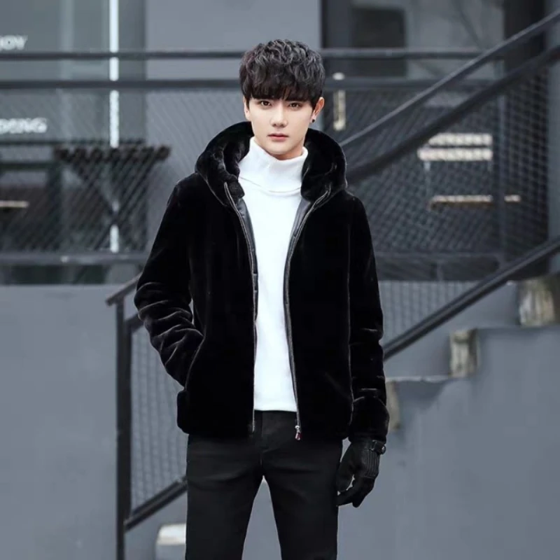 

Men's Winter New Faux Mink Fleece Cotton Padded Loose Fit Warm Black Casual Outerwear Jacket