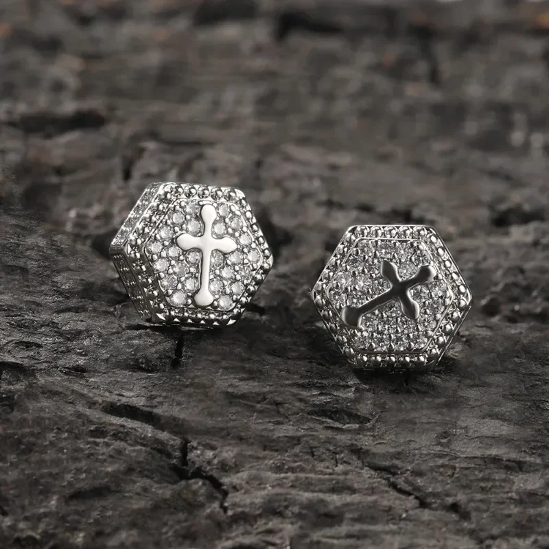

Iced Out CZ Hexagon Design Cross Stud Earrings Paved 5A Cubic Zirconia Men Earring Srew-Back Hip Hop Punk Jewelry