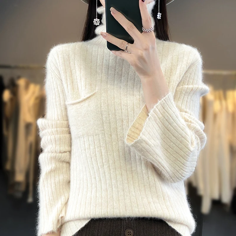 Ltalian Designer! Pure Mink Cashmere Sweater Women, Sweter z dzianiny z wysokim kołnierzem, Szeroki pasek Duży rozmiar Długie rękawy, Jesień, Gorąca