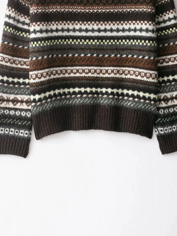 Mulheres outono inverno retro cashmere jacquard o-pescoço camisola de malha elegante senhora todos os jogos manga longa pulôver jumper topos