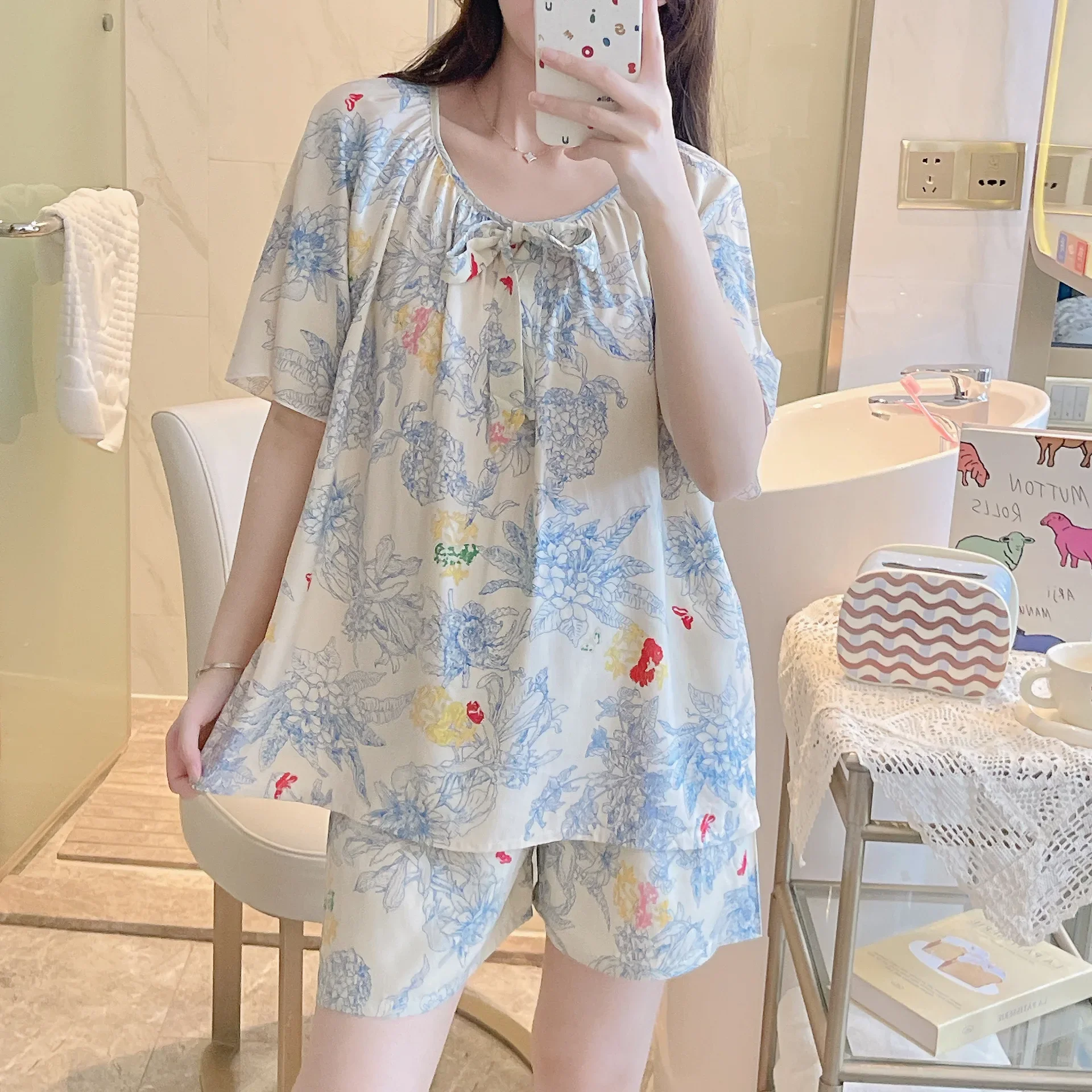 Short Sleeve Shorts Floral Print Woman Satin Pajama Sets Ensembles 2 Piece Lady Outfit Lounge Women Pijama Sleepwear Pajama Pj