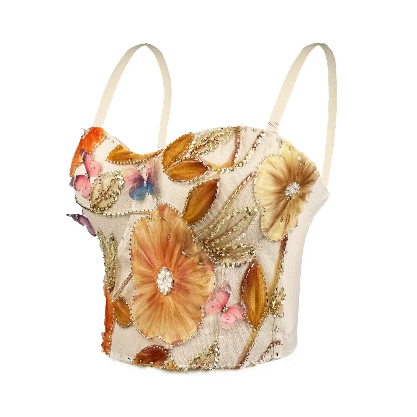Pink Floral Embroidery Fishbone Bralette Sexy Inner Wear Bra with Cup Pad High End Atmosphere Outerwear Strap Women's Tube Top