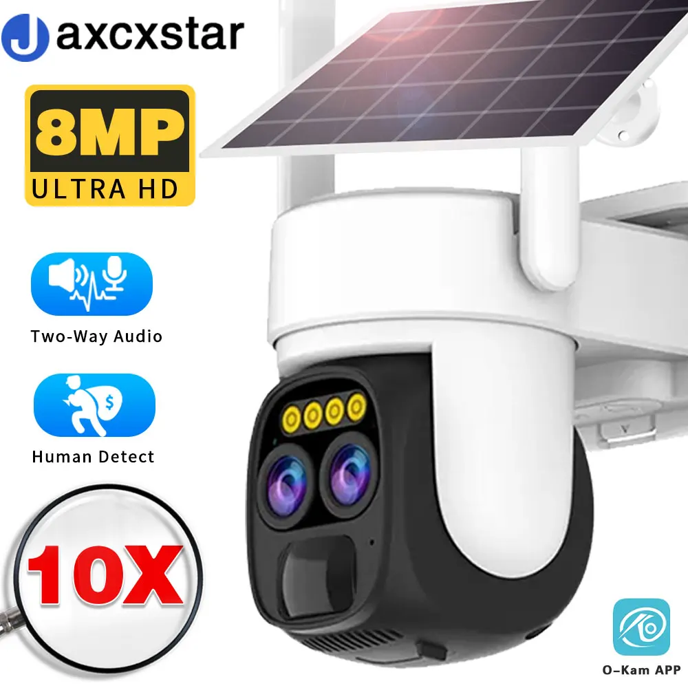 

4K 8MPWiFi Solar Camera Outdoor Dual lens 10x Optical Zoom Two-way Audio Color Night Vision Built-in Battery Security Camera