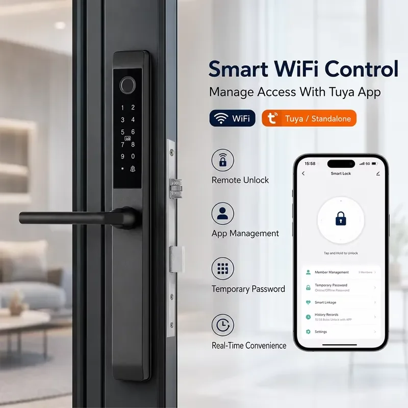 Smart Aluminum Sliding Door Lock Fingerprint Password Key Card Wifi App Control Waterproof Slim Handle Graffiti Design