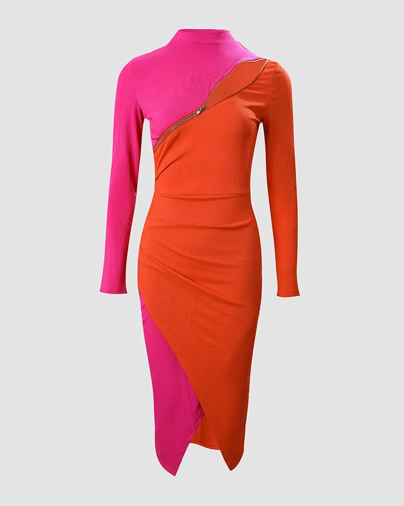 Sukienki dla kobiet 2022 jesień Sexy Colorblock Zipper szczegóły z długim rękawem Mock Neck Bodycon wieczorowa sukienka Midi