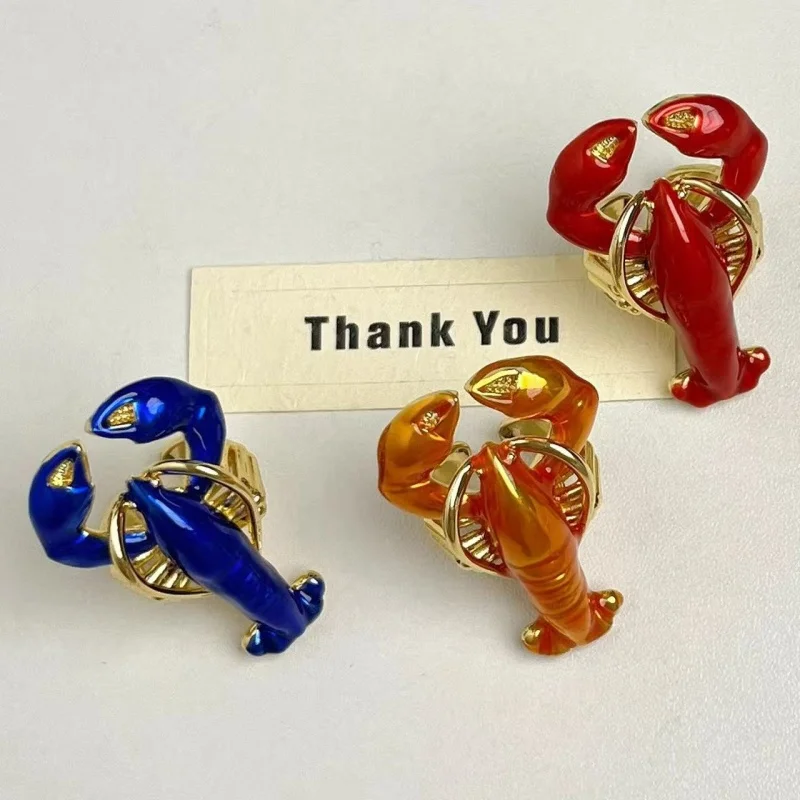 

French Vintage Style Adjustable Metal Ring for Women Enamel Lobster Clasp Statement Index Finger Ring Party Daily Accessory
