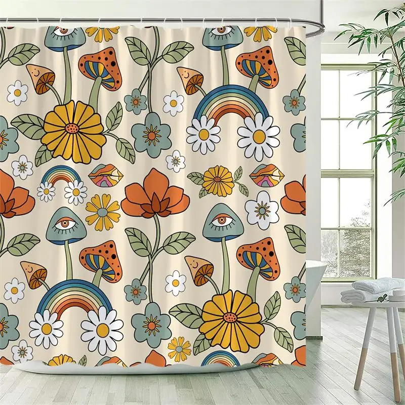 Vintage Mushroom Shower Curtain Funny Animals Squirrel Owl Rabbit Forest Flowers Plant Black Bath Curtains Fabric Bathroom Decor