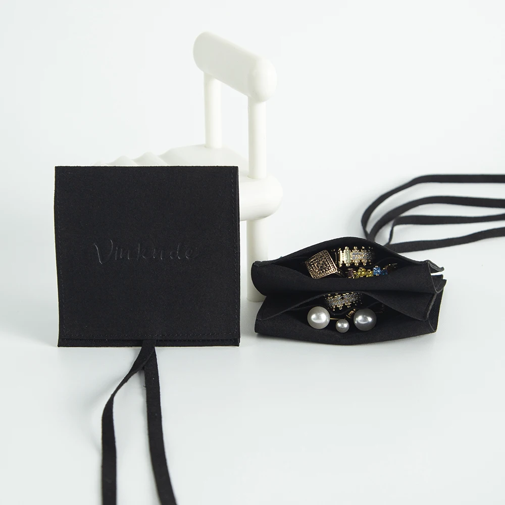 100Pcs Luxury Custom Logo Black Microfiber Full Cover With Rope Bag Envelope Flap Sude Gift Earrings Packaging Organizer Pouches