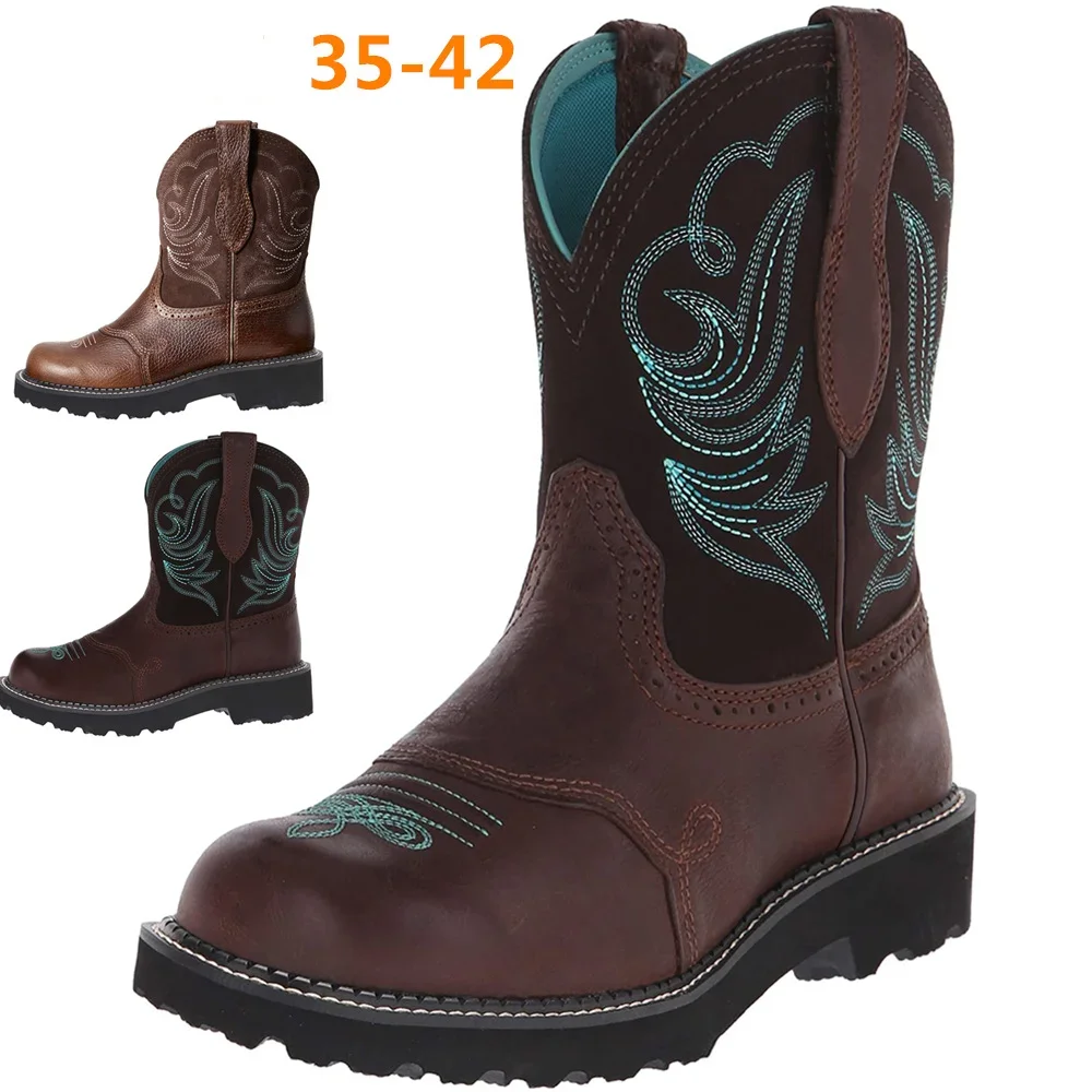 

Embroidered Women's Western Cowboy Boots Autumn Winter Thick Heel Leather Boots Women's Boots Plus Size 35-42