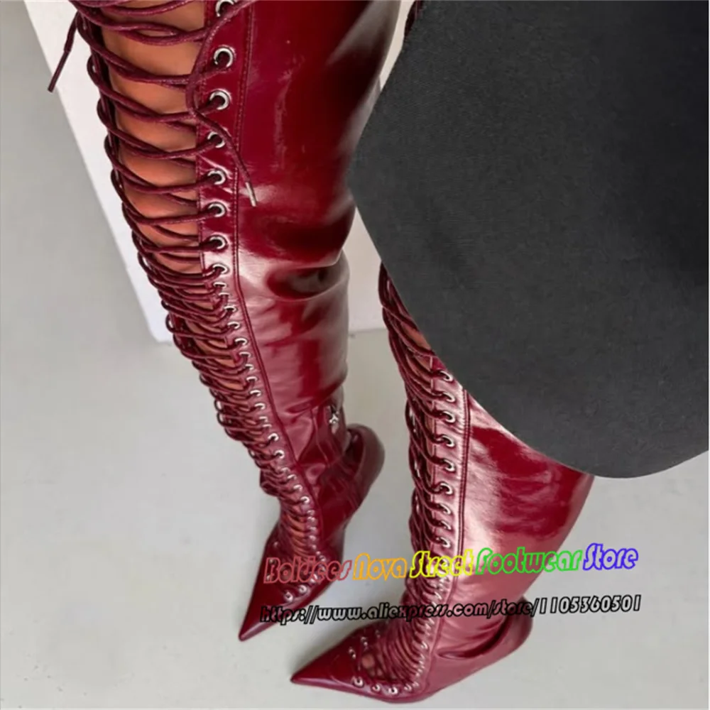 Patent Leather High Heel Over The Knee Boot Women Sexy Pointed Toe Stiletto Heel Hollow Out Lace Up Elegant Party Dress Boot
