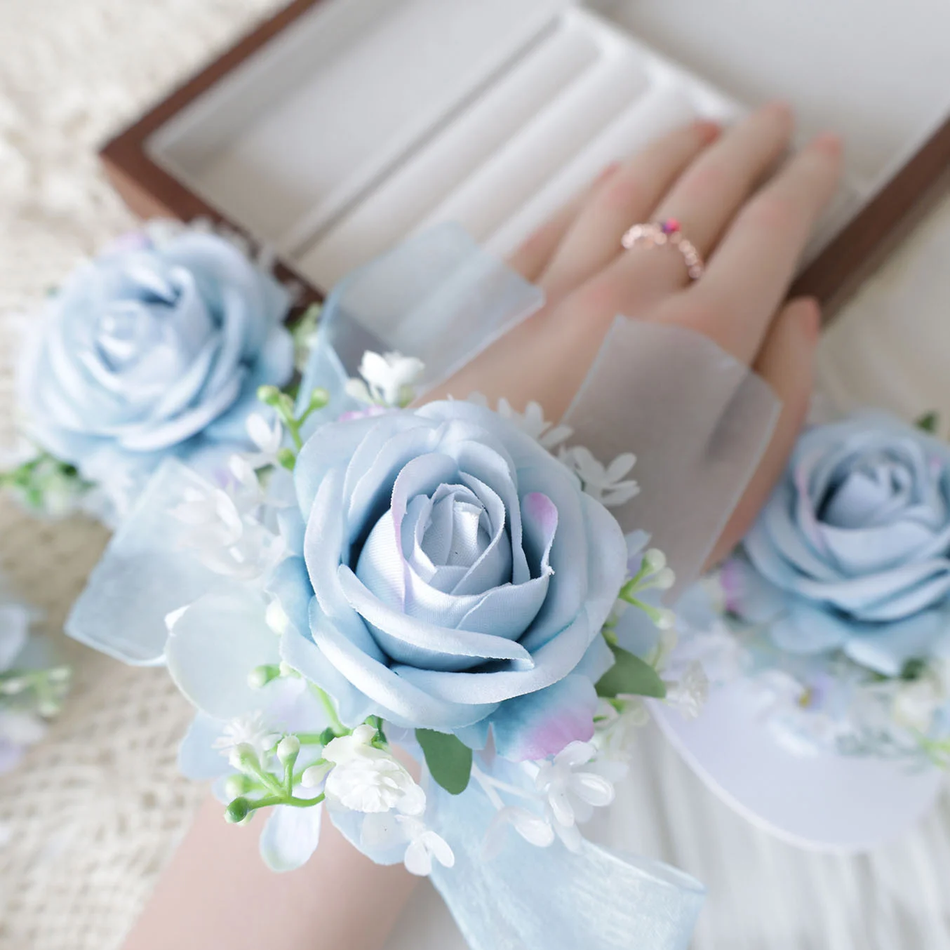 

H0037 Aquamarine Rose Wrist Corsage Wristlet Band Bracelet and Men Boutonniere for Wedding Artificial Flower Prom Decorations