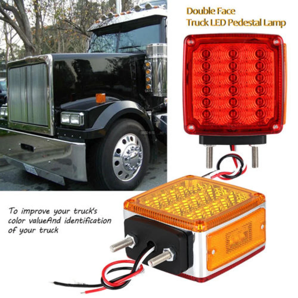 2xTruck Trailer Square Double Face Pedestal Stop Turn Tail Light Amber/Red 39 LED for Peterbilt Freightliner Kenworth Mack