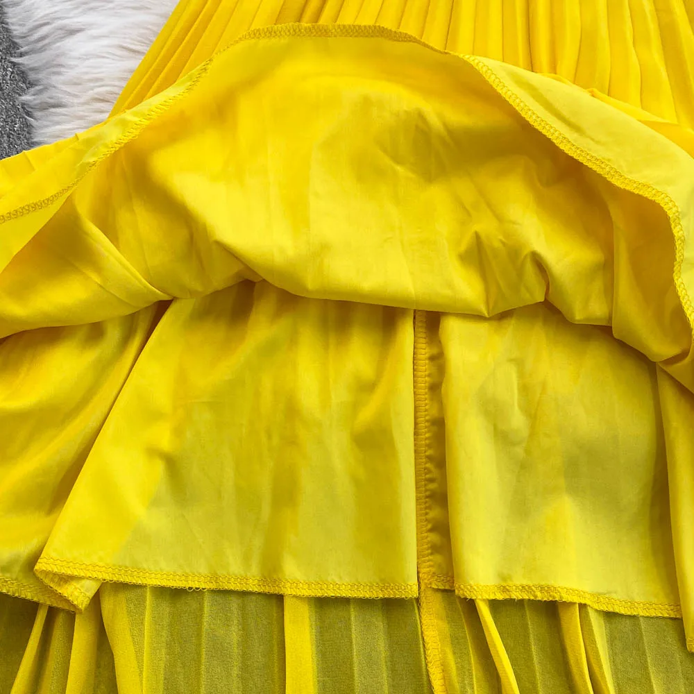 Vestido largo amarillo Tropical para vacaciones en la playa para mujer, vestido plisado de gasa con cintura hueca, vestido con vuelo fluido, vestidos bohemios para banquetes y cena