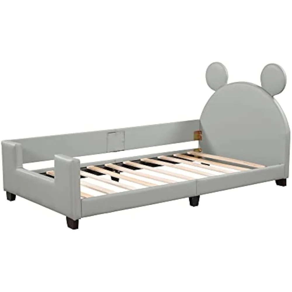 Twin Size Bed with Carton Ears Shaped Headboard,Cute Wood Bed-frame for Boys Girls, PU Leather Upholstered Daybed