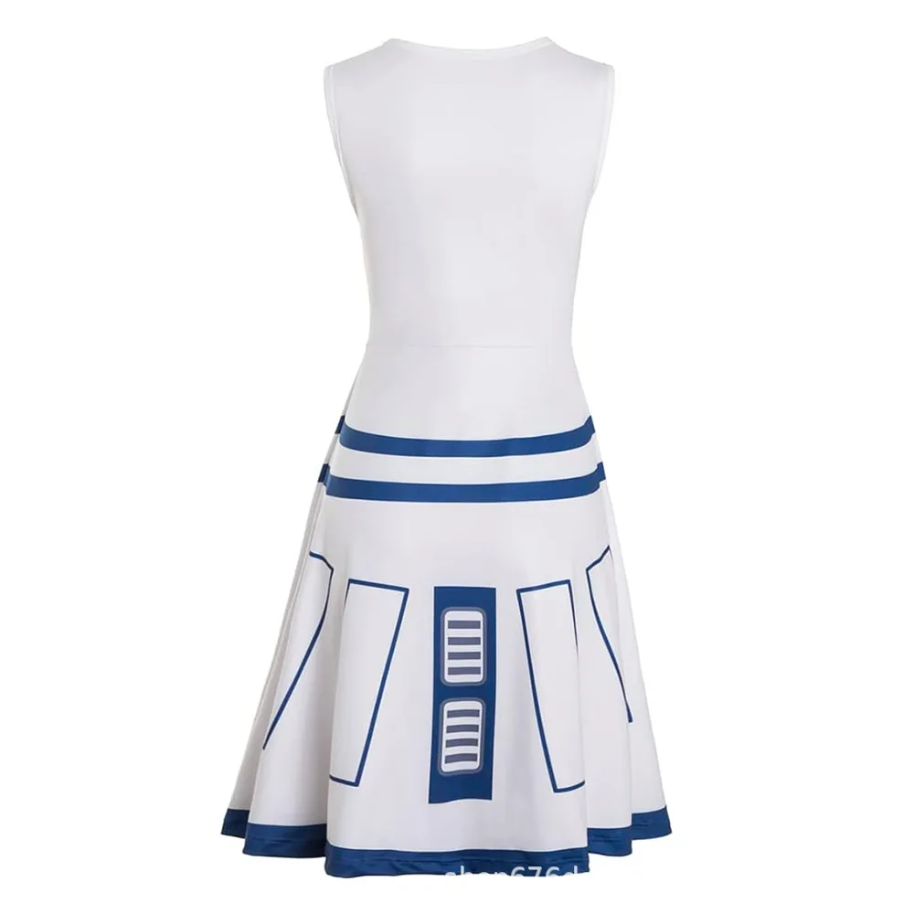 성인 여성 SW R2-D2 로봇 코스프레 의상 3D 크루 넥 민소매 조끼 드레스 할로윈 가장무도회 파티 의상 여성용