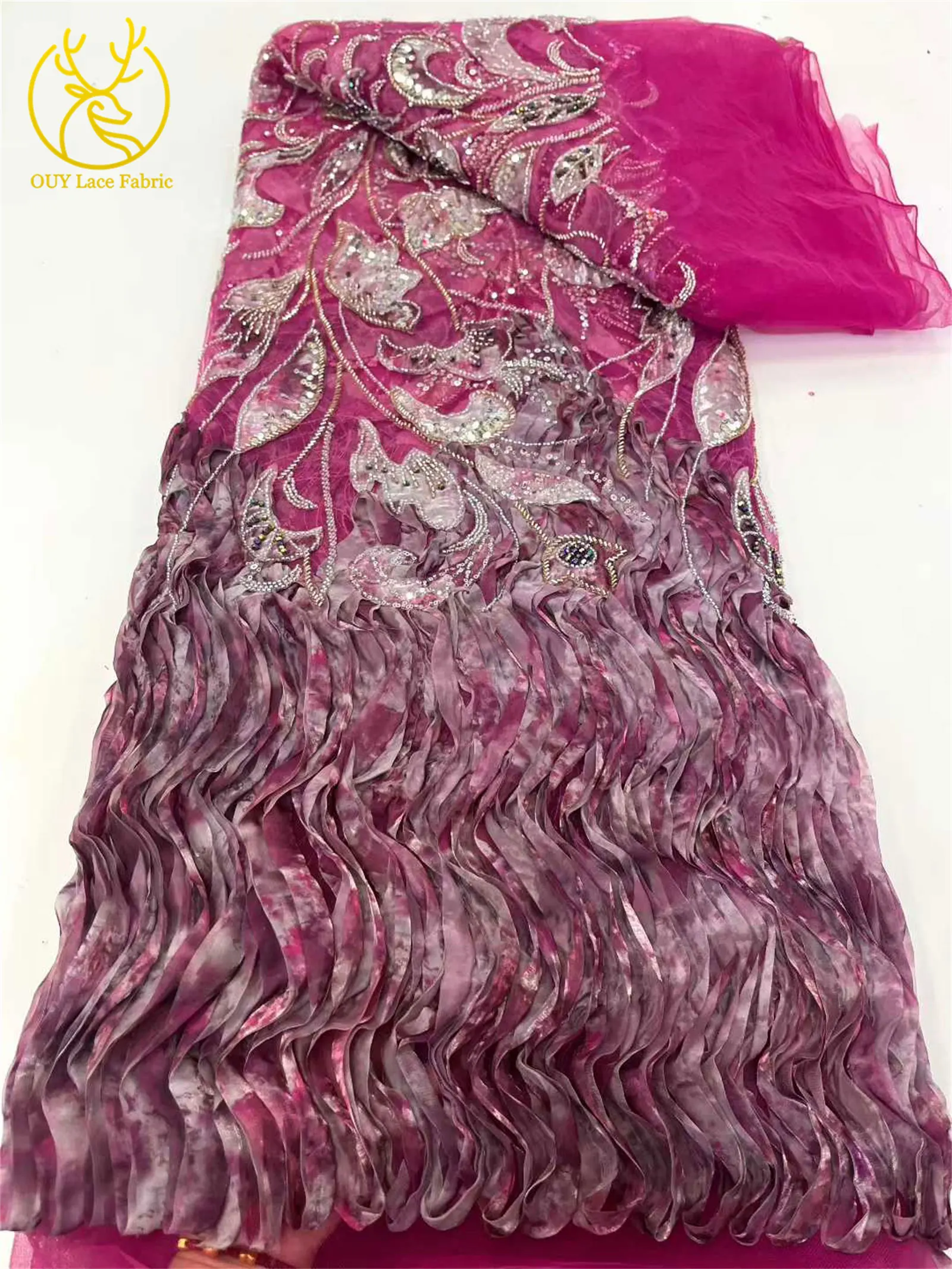 アフリカナイジェリアパープル3Dレース生地、高級ビーズスパンコール刺繍入りウェディングパーティードレス用新郎向けレース生地